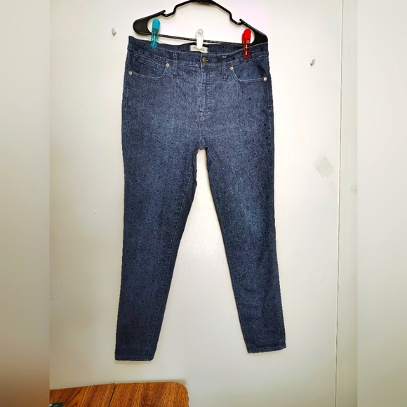 Madewell women's 9" high-rise skinny jeans in dark blue polka dot denim, siz 32. - Picture 4 of 16